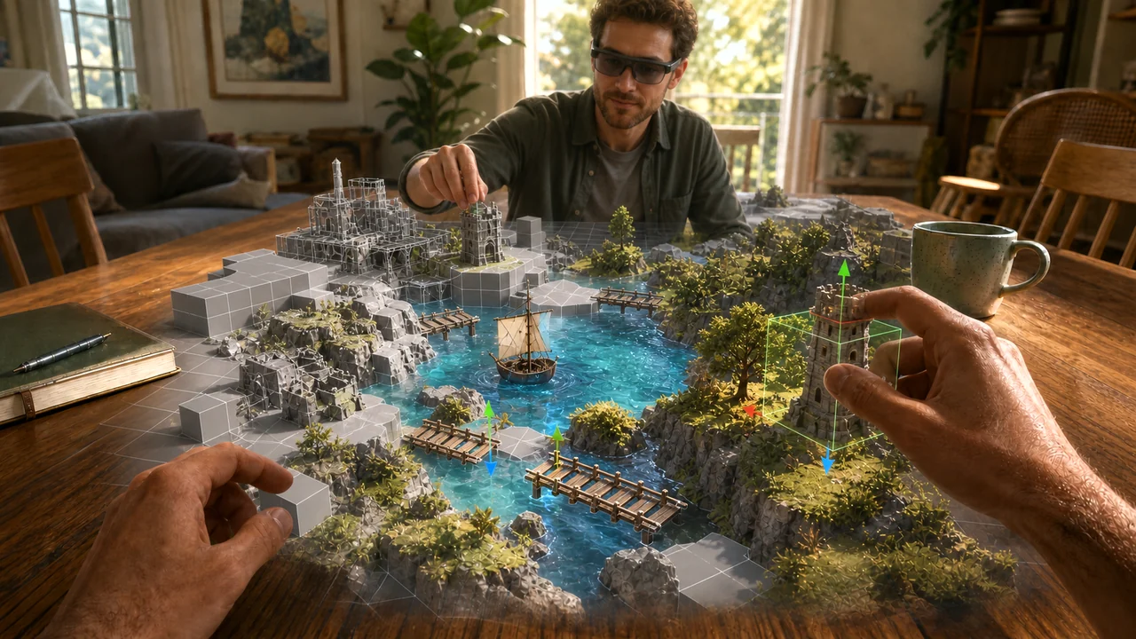 Two people building a mixed-reality game world together