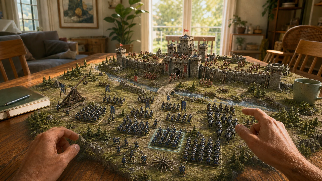 Two opposing medieval armies in tactical formation on a mixed-reality tabletop battlefield