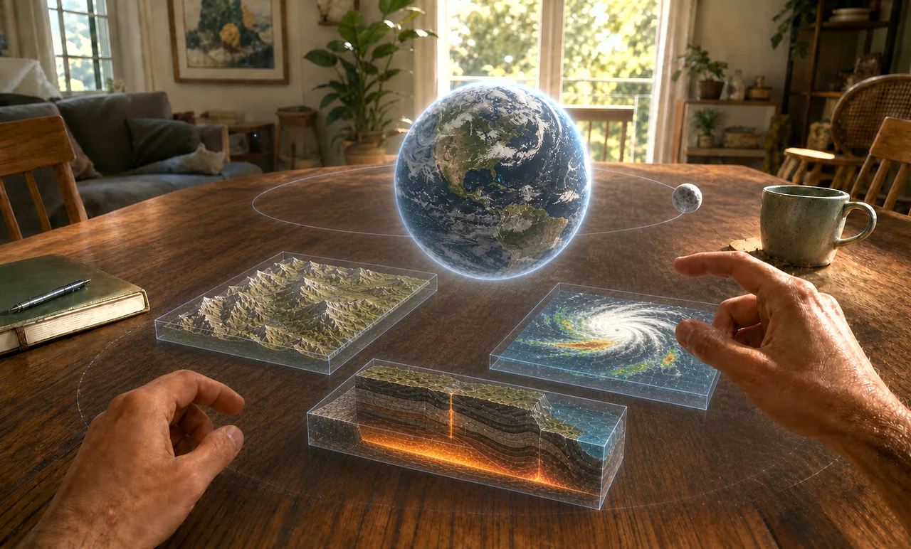 A mixed-reality Earth-systems study with floating terrain, weather, and geology modules